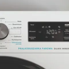 Panel sterowania pralkosuszarki Whirlpool z opisem programów: Mieszane, Białe, Bawełniane, Eco 40-60, Delikatne, Syntetyczne, Odświeżanie parowe. Wyświetlacz pokazuje czas 0:20.