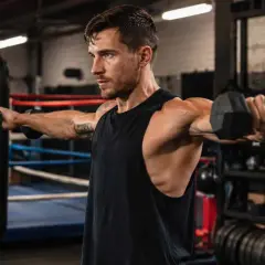 Man performing a boxing shoulder workout with dumbbells in a gym. He's focused, with toned arms and shoulders.