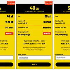Oferta karty prepaid: 50 GB za 40 zł, 40 GB za 35 zł, 30 GB za 30 zł. Internet bez limitu 1 zł/dzień.