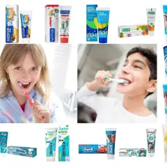 Dzieci myją zęby pastą do zębów z fluorem. Wiele marek past dla dzieci, np. Elmex, Colgate, Oral-B, Vitis, Signal.