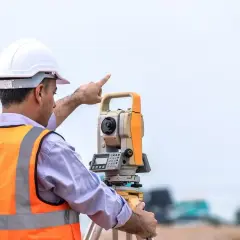 Geodeta w kamizelce odblaskowej i kasku wskazuje palcem na tachimetr na budowie.