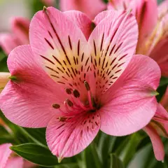 Gros plan sur des lys des Incas roses aux pétales délicats, striés de marques sombres.