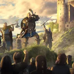 Wikingowie z Assassin's Creed Valhalla na tle zamku, gotowi do walki.