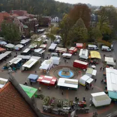 Bunter Markttag auf dem Marktplatz Bergisch Gladbach mit vielen Ständen, Bäumen und Gebäuden im Herbst.
