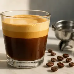 En perfekt lagerdelad cortado, med sin rika espresso och mjölkskum, står bredvid en portafilter. En härlig kontrast till en cappuccino.