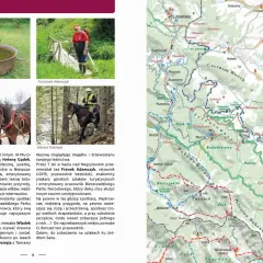 Mapa Bieszczadów z zaznaczoną Doliną Sanu, zdjęciami ludzi i koni.