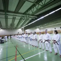 En grupp karateutövare står uppradade i en sporthall. Flera bär ett brunt bälte karate, vilket indikerar erfarenhet.