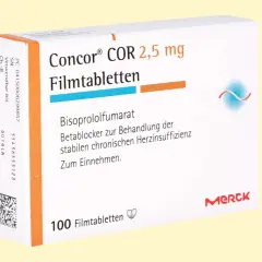 Opakowanie leku Concor COR 2,5 mg, zawierające 100 tabletek powlekanych, stosowanych w leczeniu przewlekłej niewydolności serca.