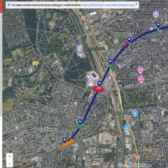 Mapa z zaznaczonym przebiegiem tunelu KDP w Łodzi, z widocznymi komorami startowymi i obszarami utrudnień. To ważne end oznaczenie na mapie.