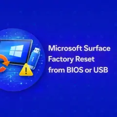 Microsoft Surface neu aufsetzen: Anleitung für Factory Reset über BIOS oder USB. Ein Tablet-Symbol mit Windows-Logo, USB-Stick und Warnzeichen.