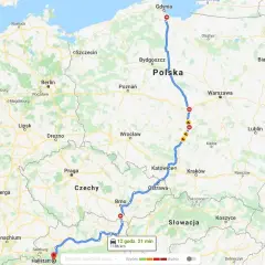 Trasa wycieczki objazdowej Włochy 10 dni: z Gdyni przez Polskę, Czechy, Słowację do Hallstatt w Austrii. 1186 km.