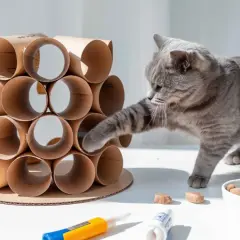 Gato gris jugando con una torre de rollos de cartón, un ejemplo de juguetes para gatos caseros.