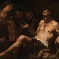 Hiob cierpiący, otoczony przez przyjaciół, którzy próbują go pocieszyć. Obraz nawiązuje do Księgi Hioba, autora nieznanego.