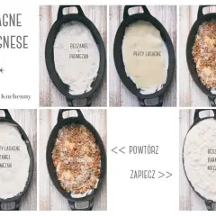 Kolejne warstwy lasagne: beszamel, parmezan, płaty lasagne, sos boloński. Powtórz i zapiecz.