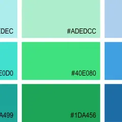 Farbpalette mit verschiedenen Türkistönen und Blau. Diese Farben können eine beruhigende Wirkung auf die Psyche haben.