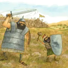 En jätte med svärd möter en mindre man med sten. Vad betyder goliat? En strid mellan två arméer i bakgrunden.