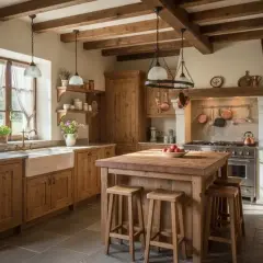 Cucina rustica con isola centrale in legno, travi a vista e mobili in abete. Perfetta per chi cerca idee cucina rustica.