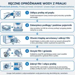 Instrukcja obsługi Whirlpool pralka od góry: odłącz prąd, zabezpiecz podłogę, otwórz klapkę, oczyść filtr, zakręć filtr i włącz pralkę.