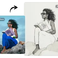 A woman reading a book on rocks, transformed by a drawing filter into a sketch.