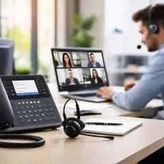 Un homme en casque participe à une visioconférence. Un téléphone IP et un ordinateur portable sont sur le bureau, illustrant la **PABX définition** pour la communication d'entreprise.