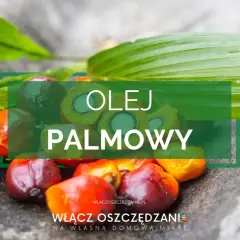 Olej palmowy pozyskiwany z owoców palmy olejowej. Na zdjęciu widać przekrojone owoce i liście palmy.