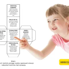Dziewczynka uczy się, jak radzić sobie z emocjami, korzystając z technik: głębokie oddychanie, liczenie, rysowanie emocji, ściskanie stresu, uśmiech i skoki.