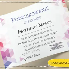 Dyplom z podziękowaniami dla rodziców. Matthias Nabob otrzymuje podziękowanie za pomoc i zaangażowanie.