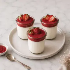 Trois panna cotta fraise, ornées de fruits rouges frais et d'un coulis onctueux, sur une assiette grise.