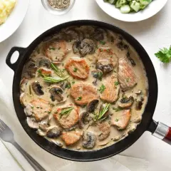 Poledwiczki wieprzowe w sosie pieczarkowym, podane w czarnej patelni, ozdobione rozmarynem i natką pietruszki. Obok puree ziemniaczane.