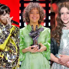 Trzy finalistki The Voice Kids: śpiewająca w lustrzanej marynarce, z trofeum w zielonej sukience i z nagrodą w błyszczącej kreacji. Kto wygrał?