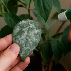 Eine Hand hält ein Blatt mit weißem Belag, der auf Mehltau als Ursache hindeutet. Eine Sprühflasche sprüht auf die Pflanze.