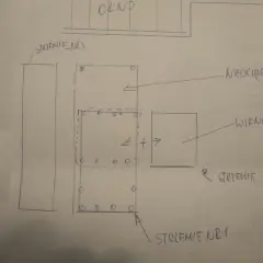 Szkic zbrojenia narożnego okna z oznaczeniami elementów: nadciąg, wieńce, strzemiona.