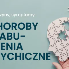 Głowa z puzzli z brakującymi elementami, tekst "Choroby i zaburzenia psychiczne".
