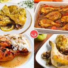 Cuatro platos deliciosos con muslos de pollo: asados con limón y patatas, en bandeja con zanahorias, con arroz blanco y con champiñones.