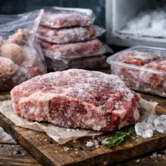 Gros morceau de viande brulée par le froid, recouvert de givre. D'autres portions congelées sont visibles en arrière-plan.