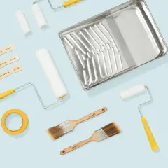 Paint rollers, brushes, a tray, tape, and stir sticks are what you need to paint a room.