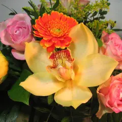 Kwiaty na imieniny Angeliki: żółta orchidea, różowe róże, pomarańczowa gerbera i żółte róże.