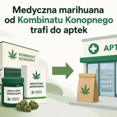 Medyczna marihuana z Kombinatu Konopnego trafia do apteki. Widać tam słoik, pudełko i kwiaty marihuany.