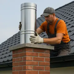 Fachowiec montuje stalowy komin na ceglanym postumencie, pokazując jak ocieplić komin z cegły.