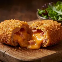 Une croquette jambon fromage dorée et croustillante, coupée en deux, révèle un cœur fondant de fromage et de jambon. Un délice !
