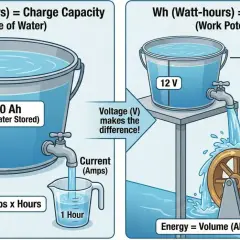 Porównanie pojemności akumulatora: 100 Ah jako objętość wody, 1200 Wh jako energia do pracy, zależna od napięcia.