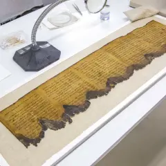 Zwoje z Qumran, starożytne manuskrypty, leżą na stole laboratoryjnym, gotowe do badań.