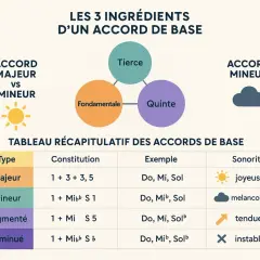Tableau comparant accord majeur et mineur, leurs ingrédients (fondamentale, tierce, quinte) et sonorités (joyeuse vs mélancolique).