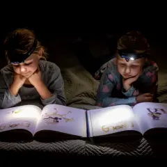 Dwie dziewczynki z latarkami na głowach czytają książkę w ciemności. To świetny sposób, by przygotować się na blackout i nie nudzić się!