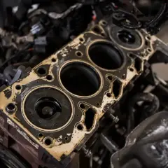 Elementy budowy silnika, widoczna uszczelka głowicy z otworami na cylindry, w tle skomplikowana konstrukcja mechaniczna.
