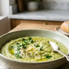 Un bol de purée de courgette onctueuse, garnie de persil frais et de copeaux de parmesan. Un pain croustillant et un verre d'eau complètent ce repas léger.