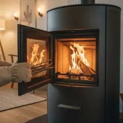 Person mit Handschuhen legt Holzscheite in einen brennenden Ofen, um das Feuer zu schüren. Das Holz verbrennt stehend oder liegend.