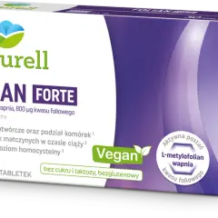 Opakowanie suplementu diety Naturell Folian Forte z informacją o 30 tabletkach i wegańskiej formule.