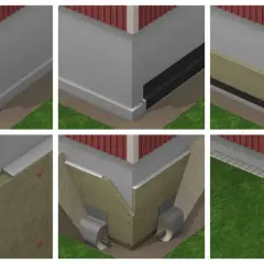 Ilustracje pokazują, jak głęboko ocieplać fundamenty, prezentując kolejne etapy prac izolacyjnych i drenażowych.