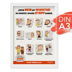 Illustrationen zeigen, wie Kinder "Stopp" sagen dürfen. Lehrer haben Schweigepflicht, aber bei Kindeswohlgefährdung müssen sie handeln.